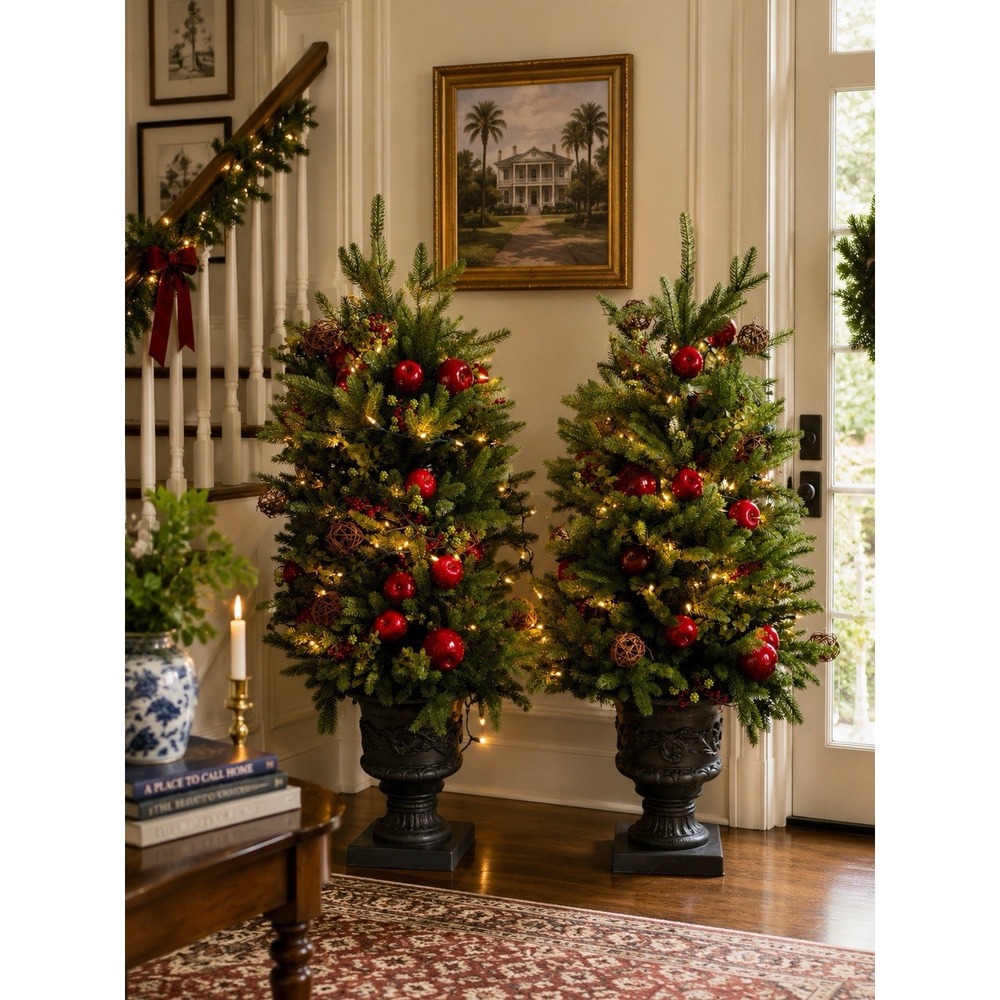 Balsam Hill 4' Norway Spruce Holiday Potted Trees LED Lights Pair